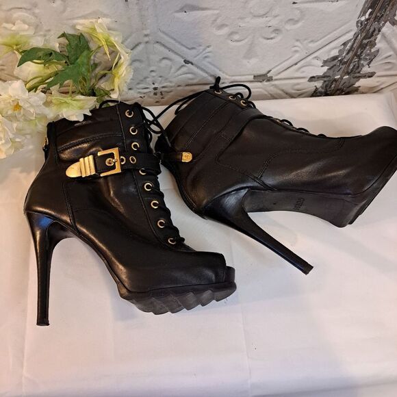 Guess Bieninda Black Leather Peep Toe High Heel Boots Buckle Details 7.5 M - Picture 15 of 15